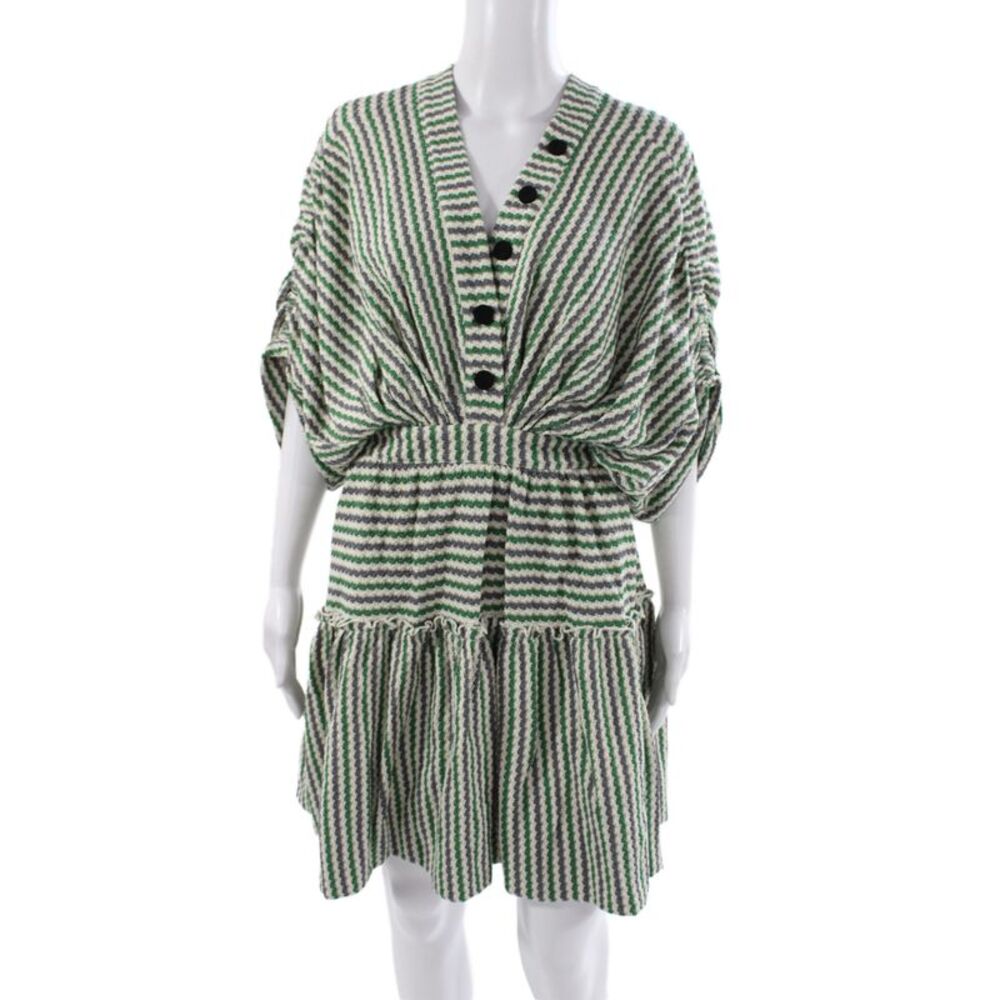 Hellessy Women Blouson Dress Green Striped V Neck Cotton Half Sleeve Size 2